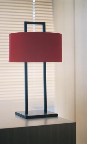 SATIS in brushed bronze with lampshade in Seta framboise (fabric from category 3)