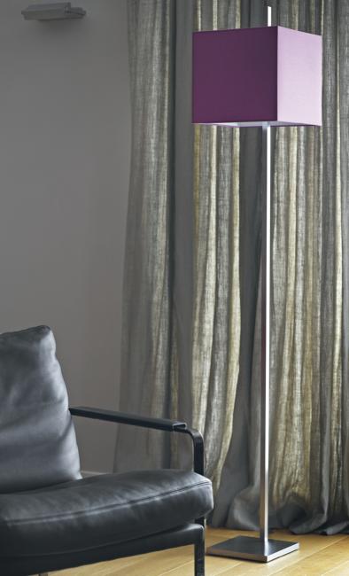 FARAS FLOOR in brushed chrome with lampshade in Seta mauve (fabric from category 1)