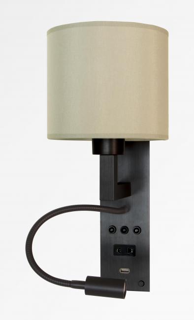 Wall lamp for bedboard in brushed bronze with cilindrical lampshade 